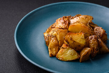 Delicious crispy fried potato wedges with salt, spices and herbs
