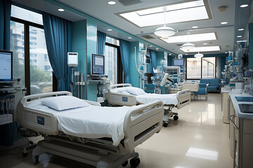 Interior of a modern operating room with beds and resuscitation and control monitors. ia generated - Powered by Adobe