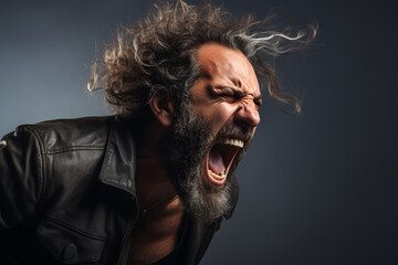 Portrait of a man with long beard and mustache in leather jacket shouting. ia generative - obrazy, fototapety, plakaty