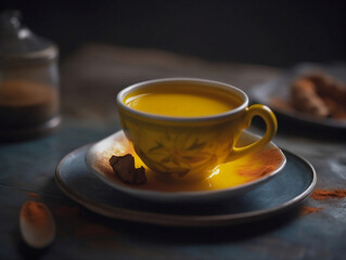 Hot turmeric tea in a cup with ginger, cinnamon, and turmeric on a wooden table backdrop.