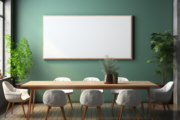 Modern dining room interior with empty poster on wall. 3D rendering. ia generative