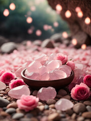 Obraz na płótnie Canvas Pink rose petals and Rose Quartz crystal stones. Healing love stones. 