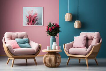 Modern living room interior with armchairs and a vase with flowers. 3d render. ia generative