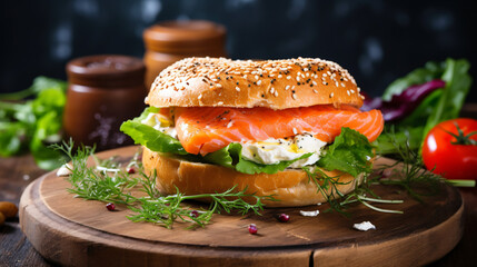 Fresh healthy bagel sandwich with salmon ricotta
