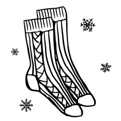 Warm winter woolen socks with traditional pattern. Vector hand drawn doodle illustration on white. Element for flyer, poster, label, logo, an article design for cozy, home wear, holiday, christmas .