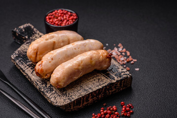 Delicious grilled chicken or pork sausages with salt, spices and herbs