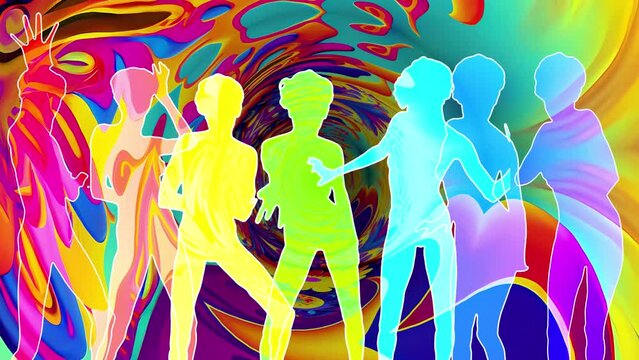 A video of 7 dancers silhouettes with retro psychedelic sixties and seventies style backgrounds.