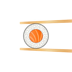 Salmon roll round shape are holding wooden chopsticks, close-up top view isolated on white background, realistic vector food illustration of sushi Japanese traditional eat.