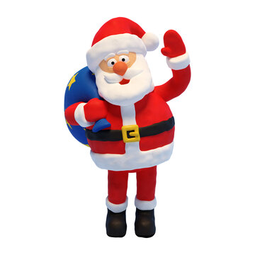 Plasticine Santa with gift bag waving his hand. Santa Claus cartoon style. Isolated 3d illustration.