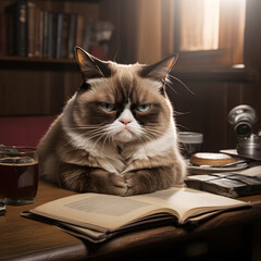 Grumpy cat with book in office or library