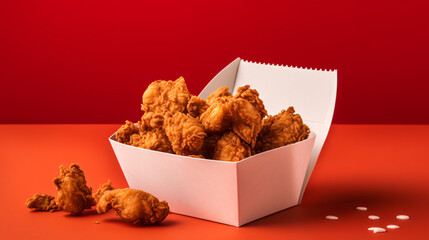 Fried chicken crunchy snack takeaway box on red background