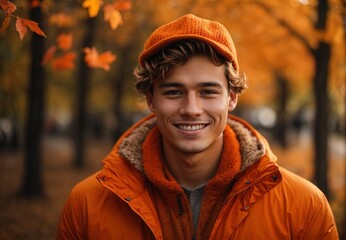 Men in autumn season, wearing orange costume theme and hat, autumn leaf and tree decoration on the background