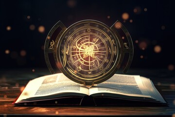 Astrology horoscope concept. Opened book with magic zodiac signs