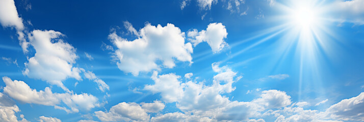 Heaven of blue sky, sun and clouds. Panoramic banner. Copy space where you can easily insert text such as advertisements. - obrazy, fototapety, plakaty