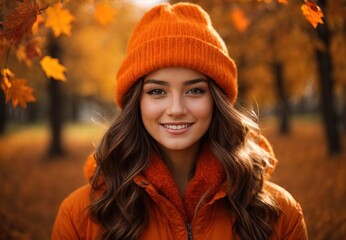 Woman in autumn season, wearing orange costume theme and hat, autumn leaf and tree decoration on the background