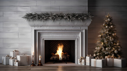 Christmas decoration with fireplace, Christmas tree, gifts, socks, lights, candles... Christmas decorated home. Christmas interior decoration.
