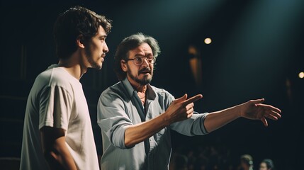 Director gesturing and giving instructions to actors on stage. generative AI - obrazy, fototapety, plakaty