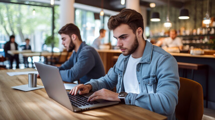 Young man working on laptop, boy freelancer or student with computer in cafe at table.