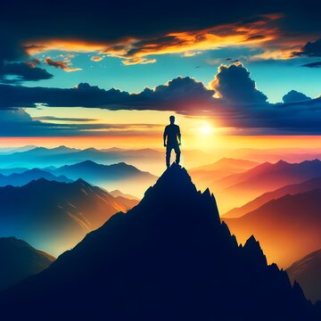 Silhouette of a person standing on the top of a mountain