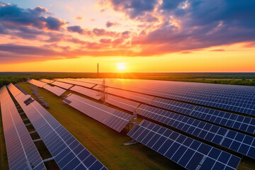 View of solar panels set against sunset sky, embodying the concept of a solar farm and the promise of alternative, clean energy for a sustainable future