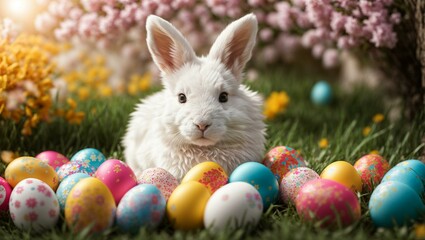 Fototapeta na wymiar a white fluffy rabbit is sitting in the grass with colorful Easter eggs