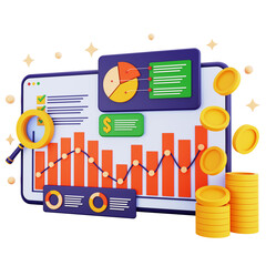 3d icon tablet market analysis with money isolated on the transparent background