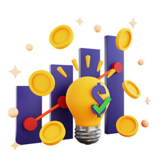 3d icon lamp idea with money and bar chart isolated on the transparent background