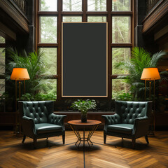 Fototapeta premium Hotel interior design with lounge area. Blank mockup for advertising. Generative AI. 