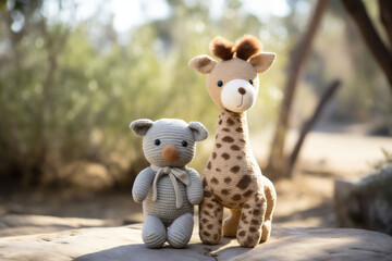 A small gray crocheted teddy bear and a spotted toy giraffe are walking in the park on a sunny wall. Child and eco Friendly sustainable Toy, Handmade Crochet Playtime. Copy space. - obrazy, fototapety, plakaty