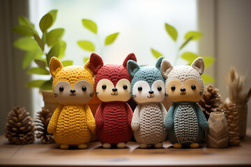 Four small colorful crocheted toy foxes on the table. Kids and eco-friendly sustainable toys, happy little treasures, various colorful crocheted children's toys. Copy space.