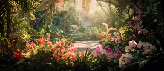isolated garden, surrounded by lush green plants and blooming pink and white tropical flowers, the light of summer illuminates the serene nature against the white background, creating a beautiful - obrazy, fototapety, plakaty
