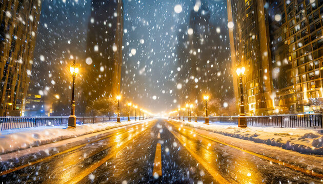 Lonely Street in a big city at night. Winter wonderland, big snowfall. Foggy, magical atmosphere. Generative AI illustration