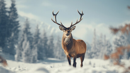 Naklejka na ściany i meble a deer in snowy landscape 8K created with Generative Ai