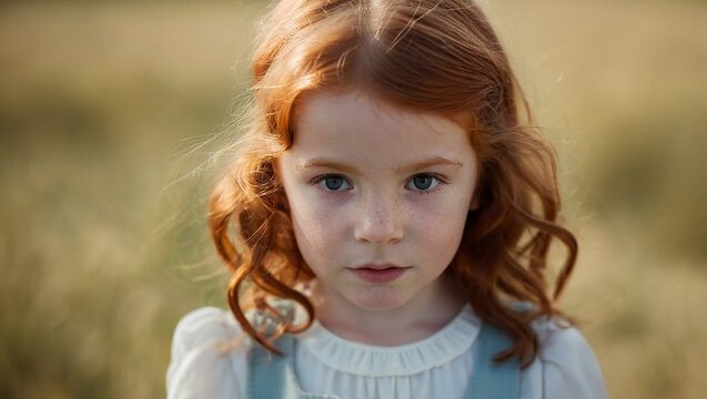 Ni&ntilde;a pelirroja en la naturaleza. Retrato en aventura al aire libre