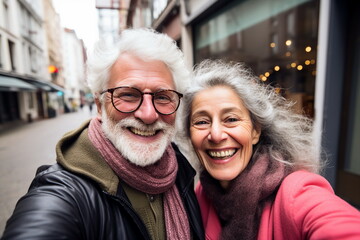 senior couple selfie on street