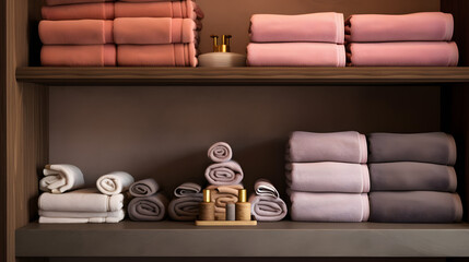 Fototapeta na wymiar Neatly arranged spa towels and robes close-up