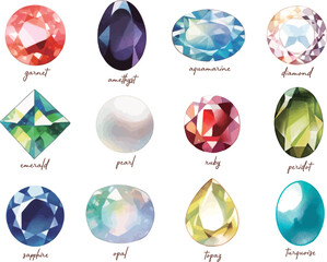 水彩で描いたカラフルな宝石のイラスト,誕生石