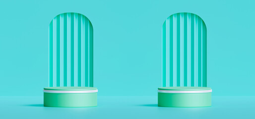 Product display green podium 3d,Green cylinder pedestal podium,3d rendering green bright pastel background