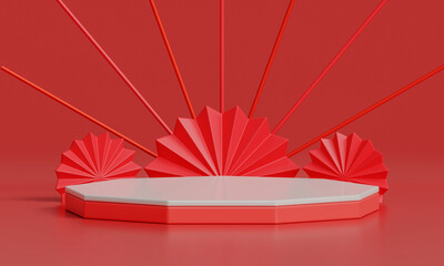 Abstract red white 3d cylinder podium,3d abstract background chinese style with product podium mockup on red background