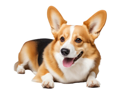 a high quality stock photograph of a single happy satisfied corgi dog isolated on a white background