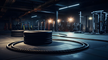 Functional training zone in gym with ropes and tires - obrazy, fototapety, plakaty