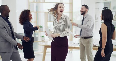 Happy business people, dancing and celebration at office for winning, teamwork or promotion together. Group of employees smile with documents enjoying success, vibes or achievement at workplace