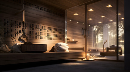 Luxurious spa sauna with ambient lighting and wooden benches
