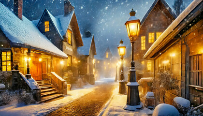 Lonely Street in a small village at night. Winter wonderland, big snowfall. Street lamps. Foggy, magical atmosphere. Generative AI illustration