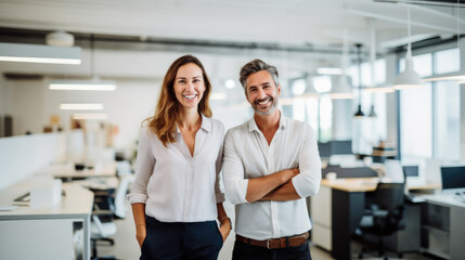 Portrait of smiling mature Hispanic Latin business man and European business woman standing arms crossed in office. Two diverse colleagues, group team of confident professional business people.