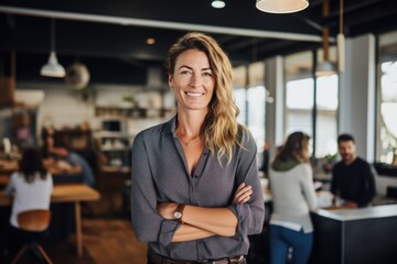 Naklejka premium Young smiling European 30s 40s years businesswoman professional standing confident in modern coworking creative office space. Happy business woman looking at camera indoors at work with copy space.