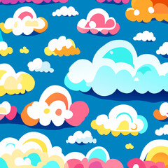 Seamless pattern with clouds and rainbows. Vector illustration.