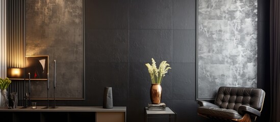 The metallic gray wallpaper on the wall had a textured finish, resembling leather, and gave the room a modern yet classy vibe with its iron-like material.