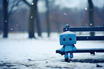Blue toy sitting alone on a snowy bench. The concept is solitude in winter. Blue Monday