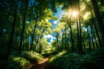 A dense forest under a bright, blue sky adorned with fluffy clouds, the sunlight filtering through the foliage.